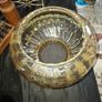 A Beautiful Amber Glass Oil Lamp Shade featuring a bulbous, ribbed body and a wide, ruffled, fluted rim, Postage Available Image 3