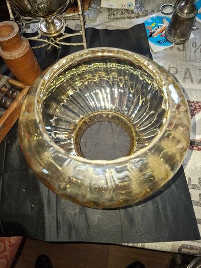 A Beautiful Amber Glass Oil Lamp Shade featuring a bulbous, ribbed body and a wide, ruffled, fluted rim, Postage Available