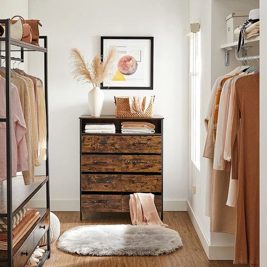 _Chest of Drawers, Sideboard, Cabinet with 8 Drawers, Open Compartment, Non-Woven Fabric Drawers with MDF Front, Steel Frame, Vintage Brown/Black