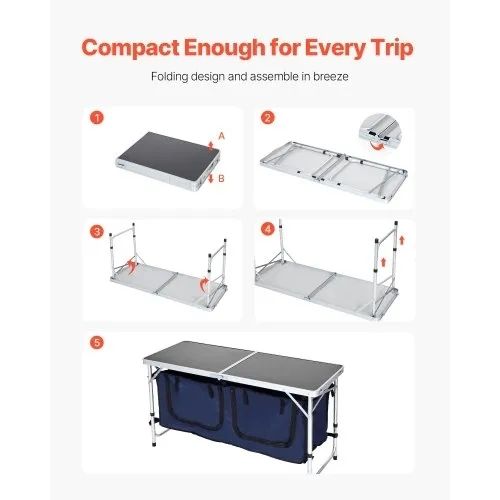 Camping Kitchen Table, Folding Outdoor Cooking Table, 3 Adjustable Height, Aluminum Lightweight Portable Cook Station