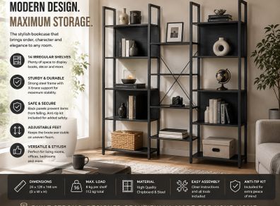 Modern 14 Shelf Bookcase Black Industrial Storage Shelving Unit