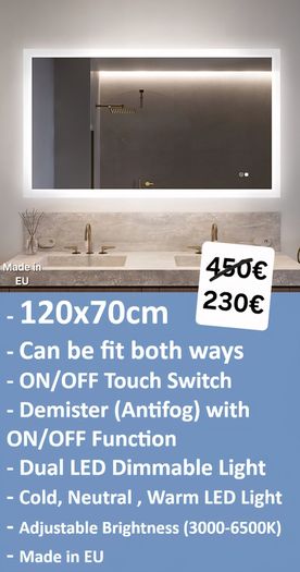 LED Bathroom Mirror Fog free Dual LED 120x70cm