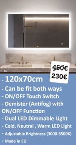LED Bathroom Mirror 120x70cm or 70x120cm Antifog