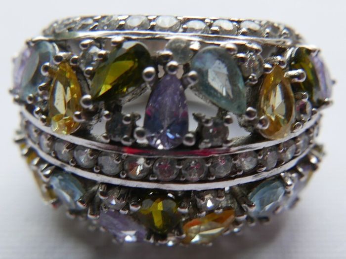 925 Silver Ring Pear Tourmaline Sapphire Natural Gemstone Jewelry Size P - 11,40g