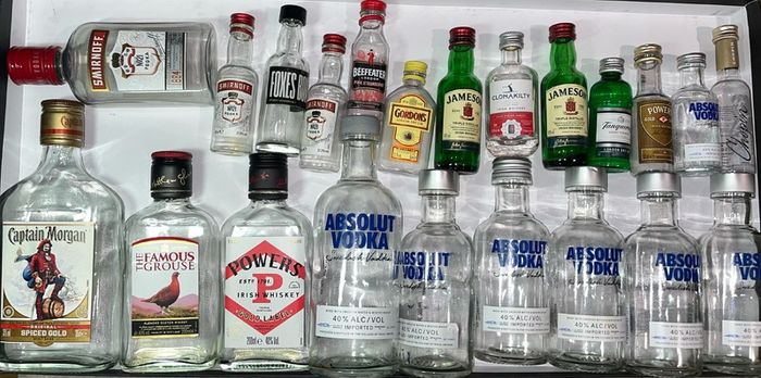 Hennessy Cognac absolut vodka whiskey paddy powers Jameson bacardi jagermeister Empty Bottles