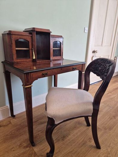 Edwardian inlaid writing desk& carved chair