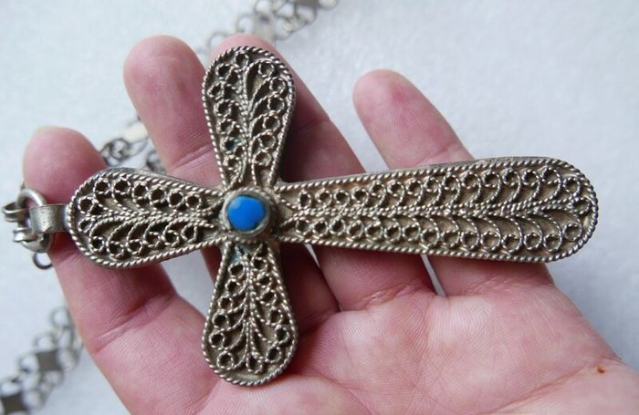 Vintage Turquoise  Large 4" Cross Pendant and unusual Chain length 34"