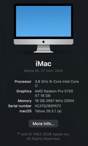 Apple iMac 27 inch Retina 5K 2020 i7 Radeon 5700XT 16GB Pro Creative Workstation