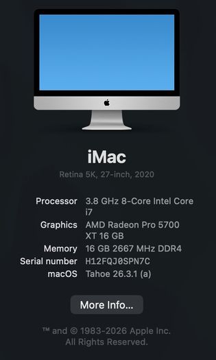 Apple iMac 27 inch Retina 5K 2020 i7 Radeon 5700XT 16GB Pro Creative Workstation