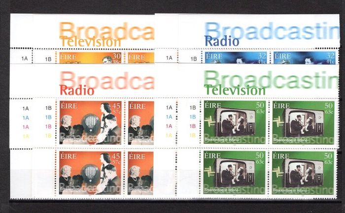 2001 Ireland Broadcasting in Ireland Commemorative Stamps Plate Blocks 1A1A1A1A & 1B1B1B1B Mint Never Hinged (MNH)