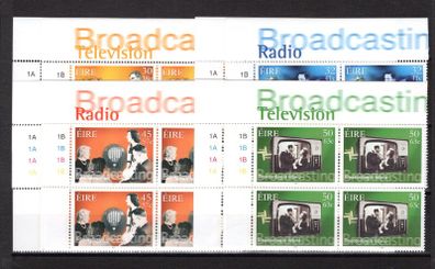 2001 Ireland Broadcasting in Ireland Commemorative Stamps Plate Blocks 1A1A1A1A & 1B1B1B1B Mint Never Hinged (MNH)
