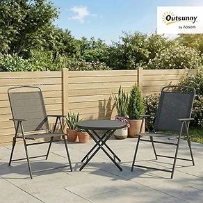 Garden Bistro Set, 3 Pieces Table and Chairs Set, Outdoor Garden Furniture with Foldable Breathable Mesh Fabric Armchairs & Glass Top Coffee Table, Dark Grey