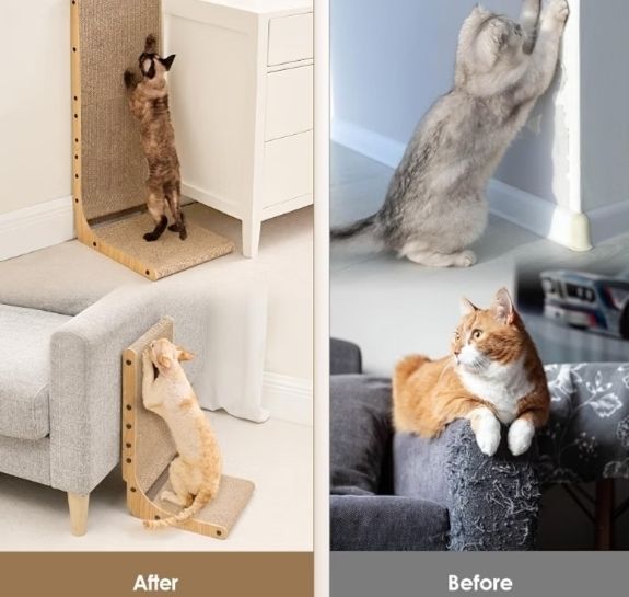 L Shape Vertical Cat Scratcher with Ball Toy, 68cm High, Brown  Stand Up Cardboard Cat Scratcher, Scratching Board for Indoor Cats, Protecting Furniture Scratch Pad