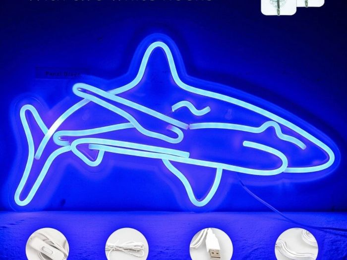 Shark Led Neon Sign for Bedroom Blue Neon Signs Wall Decorative 17''x9'' Acrylic USB Powered