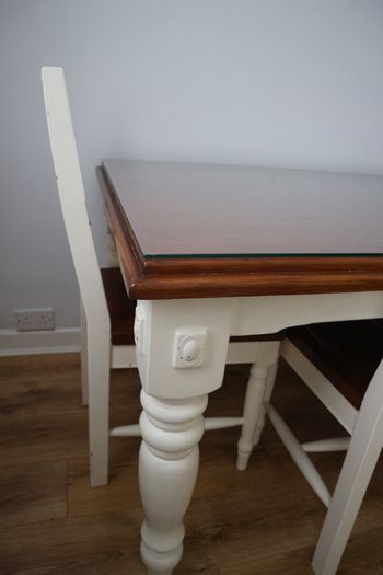 Dining table & 6 chairs, wood with protective glass