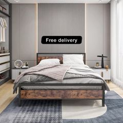 King Size Bed Frame with Wood Headboard