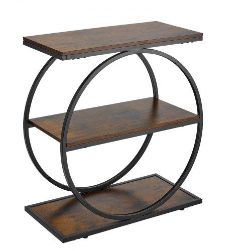End Table, 3-Tier Narrow Side Table with Open Storage Shelves, Modern Nightstand Bedside Desk with Round Metal Frame, Wood Sofa Coffee Desk for Living Room, Bedroom, Office, Rustic Brown