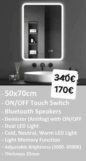 LED Bathroom Mirrors Selection Clock Speakers Bluetooth Demister Antifog Wi-Fi Weather Station Makeup