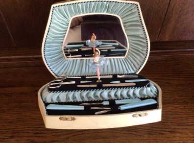 Vintage 1950s Swiss musical ballerina dressing table manicure Box