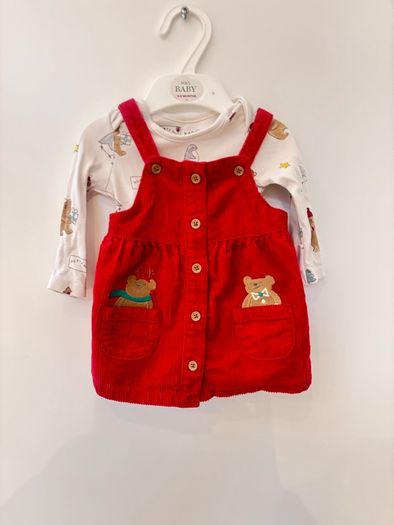 Adorable M&S Baby Christmas 2-piece set, 0-3 months. Teddy print long sleeve top + red corduroy pinafore.