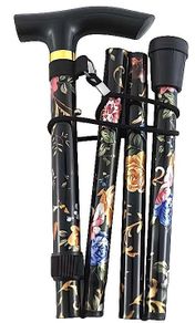 Folding Walking Stick, Black Floral