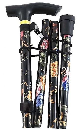 Folding Walking Stick, Black Floral