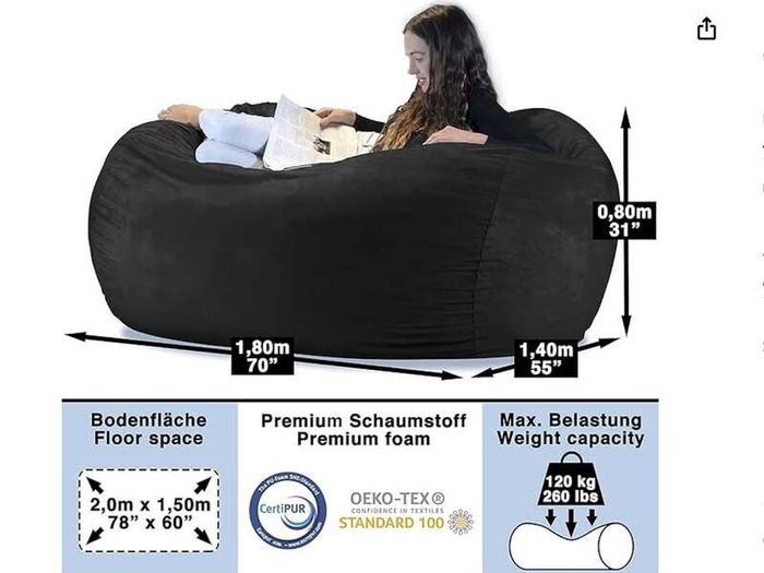 Large Black Oval Bean Bag Lounger - Extra Large Floor Sofa