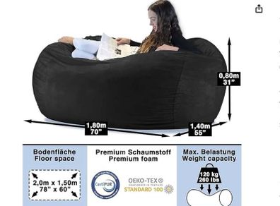 Large Black Oval Bean Bag Lounger - Extra Large Floor Sofa