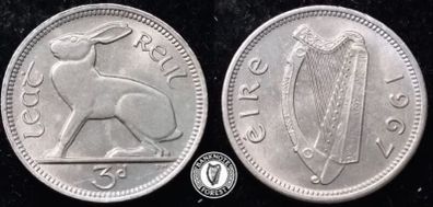 [#2530] - Ireland 1967 | Irish 3d | 3 Pence | Hare | KM.12a | MS
