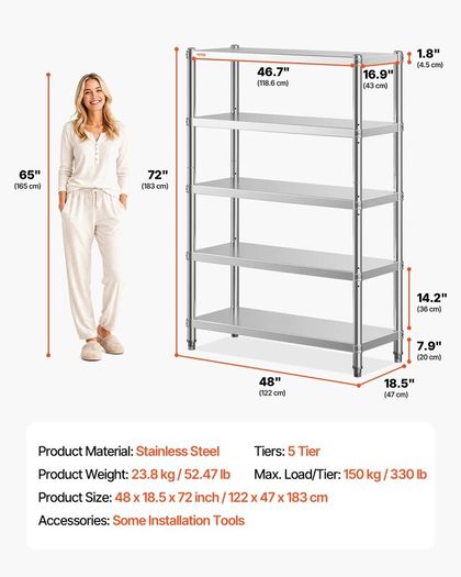 Stainless Steel Kitchen Shelves 5-Tier Units And Storage Adjustable Shelf