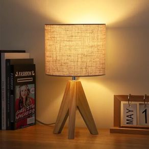 36cm Wood Bedside Table Lamp, Tripod Desk Lamp with Beige Linen Lampshade, On-Off Switch, Desk Lamps for Reading, Bedroom, Living Room, Study, Office, E27 Base