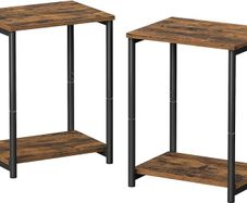 Set of 2 Side Tables, 2-Tier Sofa Side Tables, Bedside Tables with Steel Frames, for Living Room, Bedroom, Home Office, Industrial Style, Rustic Brown and Black