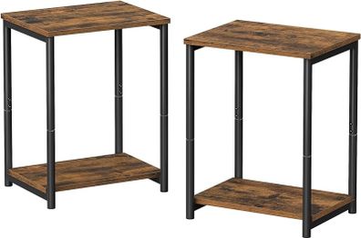 Set of 2 Side Tables, 2-Tier Sofa Side Tables, Bedside Tables with Steel Frames, for Living Room, Bedroom, Home Office, Industrial Style, Rustic Brown and Black
