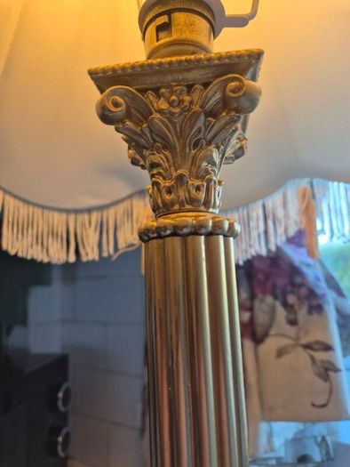 Tall lamp Vintage Gold metal Neoclassical  column lamp with silk called fringed tassled shade