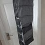 Grey fabric hanging closet organizer with 6 open shelves and side mesh pockets Image 2