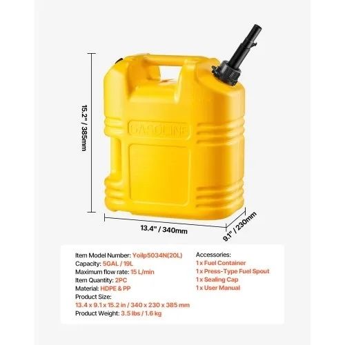 Fuel Container, 19 L, Gas Tank with Spout & Clear Scale, 15 L/min Max Flow Rate, Secure & Leak-proof, Portable Flat Fluid Container for Most Cars Motorcycle SUV ATV UTV, Yellow, 2 Packs