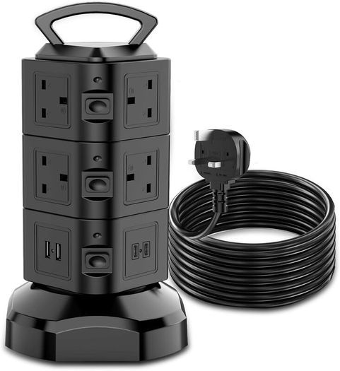 Tower Extension lead 2M, 10 Way (13A 3000W) Surge Protected Extension Sockets with 2 USB C and 2 USB A, Multi Plug Socket with 3 Independent Switches,Power Strip for Home, Office, Kitchen