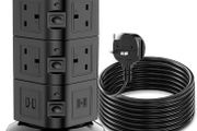 Tower Extension lead 2M, 10 Way (13A 3000W) Surge Protected Extension Sockets with 2 USB C and 2 USB A, Multi Plug Socket with 3 Independent Switches,Power Strip for Home, Office, Kitchen