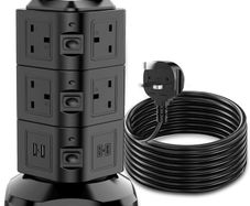 Tower Extension lead 2M, 10 Way (13A 3000W) Surge Protected Extension Sockets with 2 USB C and 2 USB A, Multi Plug Socket with 3 Independent Switches,Power Strip for Home, Office, Kitchen