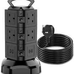 Tower Extension lead 2M, 10 Way (13A 3000W) Surge Protected Extension Sockets with 2 USB C and 2 USB A, Multi Plug Socket with 3 Independent Switches,Power Strip for Home, Office, Kitchen