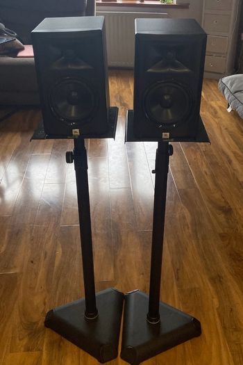 Two JBL LSR 305 Speakers + Two Speaker Stands