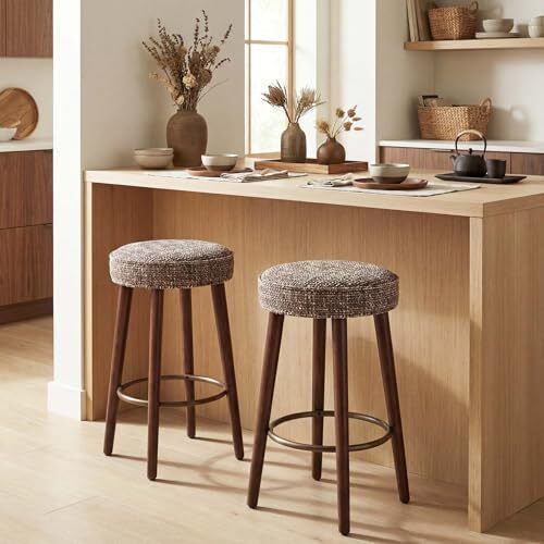 Set of 2 Chenille Bar Stools, 68cm Counter Height Upholstered Kitchen Bar Chairs with Solid Wood Legs
