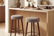 Set of 2 Chenille Bar Stools, 68cm Counter Height Upholstered Kitchen Bar Chairs with Solid Wood Legs