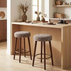 Set of 2 Chenille Bar Stools, 68cm Counter Height Upholstered Kitchen Bar Chairs with Solid Wood Legs