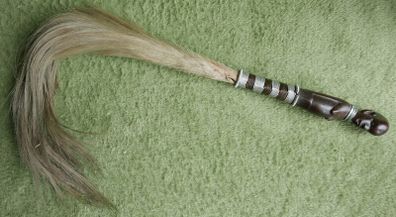 Vintage African Horsehair Fly Whisk - Carved Wood Handle, Tribal Decor