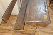 Beautiful Old School Desk with Ink Wells and Brass Covers Seats two with flip seat and Cast Iron legs