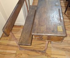 Beautiful Old School Desk with Ink Wells and Brass Covers Seats two with flip seat and Cast Iron legs