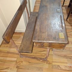 Beautiful Old School Desk with Ink Wells and Brass Covers Seats two with flip seat and Cast Iron legs