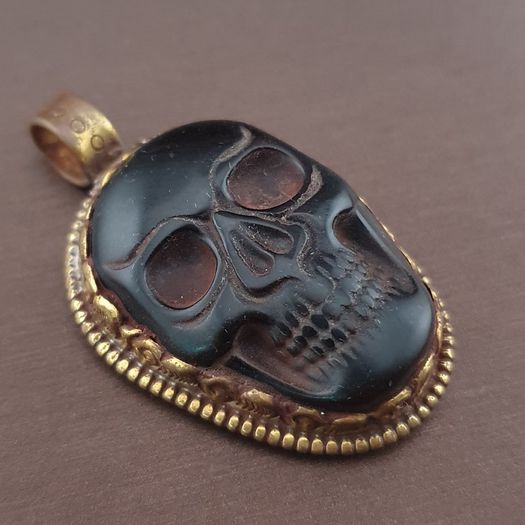 Vintage Gold Plated brass Floral Desgin &carved Skull shape Jade Pendant