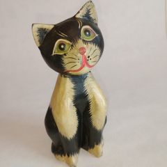 Hand Carved and Decorated Wood Cat